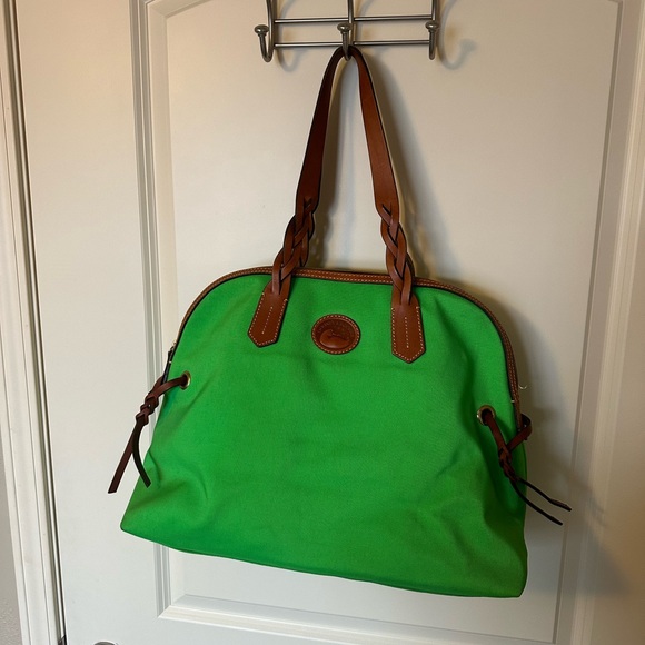 Dooney & Bourke Large Domed Satchel in bright lime green nylon and leather trim - Picture 1 of 4
